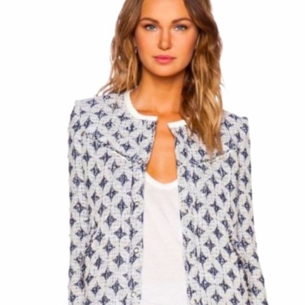 IRO blue/white diamond pattern jacket with white  lamb leather trim, frayed edge - Picture 9 of 13